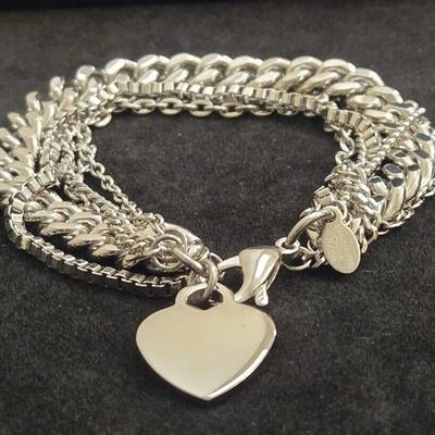 Stainless Steel Multi-Chain Bracelet w/Heart Charm