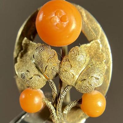 Likely Art Nouveau 24K Gold Brooch w/ Natural Stone Beads