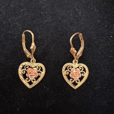 14K Yellow & Rose Gold Heart Dangle Earrings