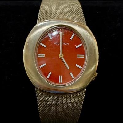 Bold Orange Retro Ladies Accutron Watch w/ Gold Mesh Bracelet (70 grams total weight)