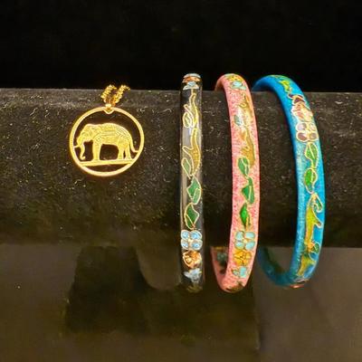 Cloisonné Enamel Bangles & Thai Elephant Necklace 