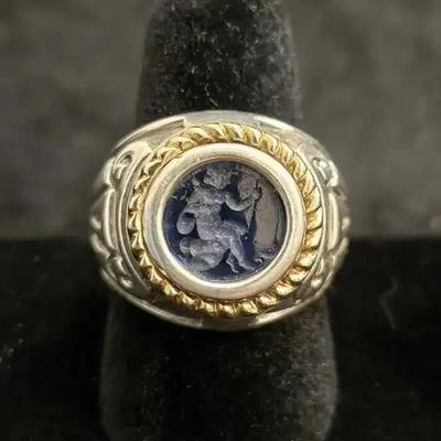 Intaglio 18K Yellow Gold and Sterling Silver Ring
