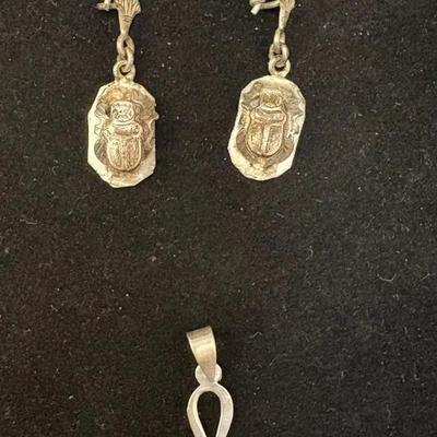 800 Silver Ankh Pendant + Scarab Earrings w/Hieroglyph Engraving