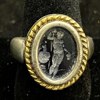 Intaglio 18K Yellow Gold and Sterling Silver Ring