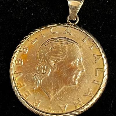 Italian 200 Lire Coin in 14K Yellow Gold Bezel w/Bail 