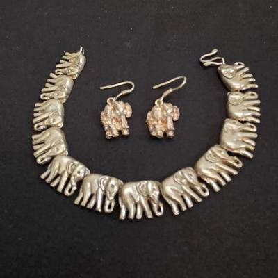 Sterling Silver Elephant Earrings + Silvertone Elephant Bracelet 