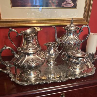 Sale Photo Thumbnail #159: Gorham silver plate tea set. Includes two teapots, creamer, and sugar. $195 Chantilly pattern. 