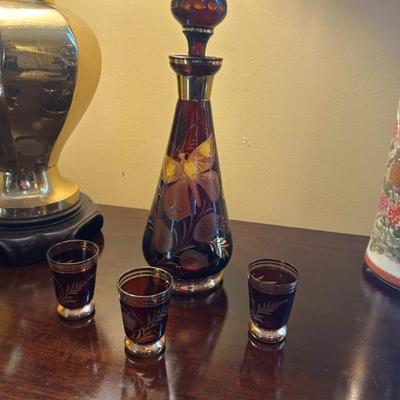 Sale Photo Thumbnail #11: Bohemia Glass butterfly decanter and 3 shot glasses. $38 All. 