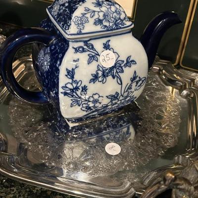 Sale Photo Thumbnail #406: Blue and white teapot and lid. $25.