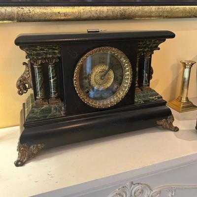 Sale Photo Thumbnail #42: Antique mantel clock by Ingraham. Includes key. $138. 