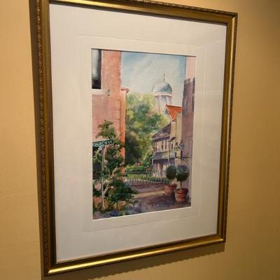 Sale Photo Thumbnail #86: Original signed watercolor of Church Street. in lovely gilt frame! $125. 