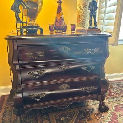 Sale Photo Thumbnail #4: Vintage ball in claw 3 drawer chest with brass hardware and key. Measures: 29 inches wide x 16 inches deep x 26 inches tall. $140. 