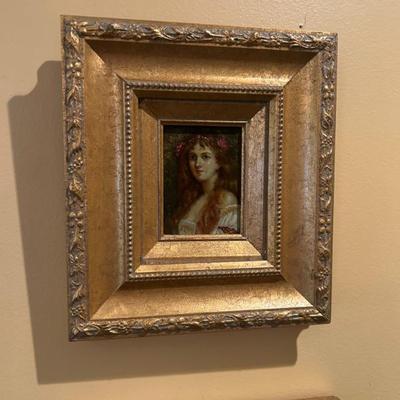 Sale Photo Thumbnail #90: Original oil in ornate gold frame. Original price tag on back. Painted on copper plate. 