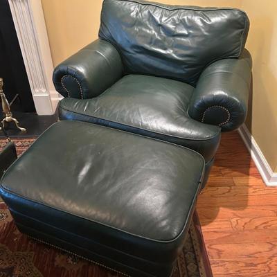 Sale Photo Thumbnail #80: Vintage oversized green leather with nailhead trim club chair and ottoman. $350. 
