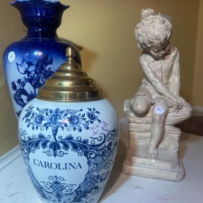 Sale Photo Thumbnail #358: Delft Blue Made in Holland Carolina vase with brass lid. $125. 