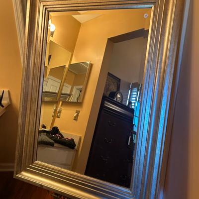 Sale Photo Thumbnail #576: Huge beveled mirror with silver frame. $145. Can be hung either way. 