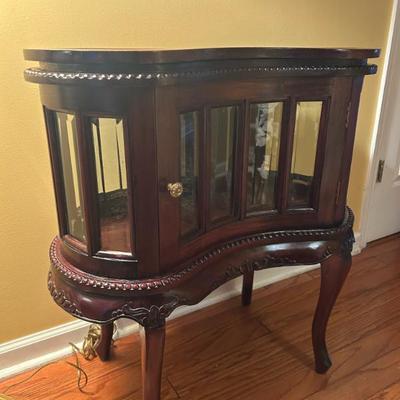 Sale Photo Thumbnail #290: Kidney shaped curio cabinet with removable tray. $325. 