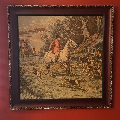 Sale Photo Thumbnail #166: Framed french tapestry of fox hunting scene. 17.5 inches square. $55 
