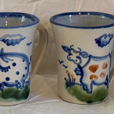 M.A. Hadley Vintage Stoneware Pottery- Farm Animal Motif 5” Flared Mugs- Set Of 4
