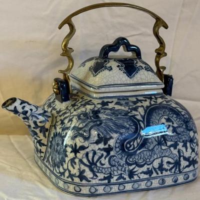 Vintage Chinoiserie Tea Pot- Cobolt Blue Dragon Motif With Brass Handle