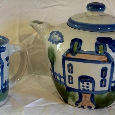 M.A. Hadley  Vintage Stoneware Pottery- Farmhouse Motif Tea Pot And Mug