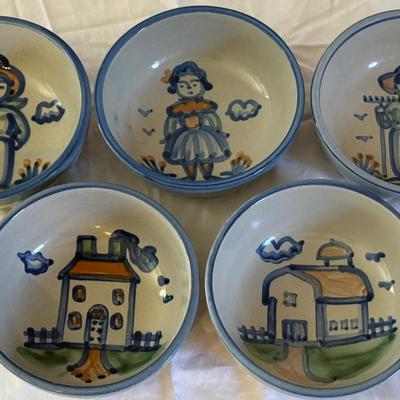 Vintage M.A. Hadley Stoneware Pottery Bowls Farmhouse and  Farmer Motif- Set Of 5