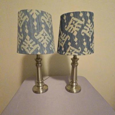 Set Of Two Silver Table Lamps With Blue Shades