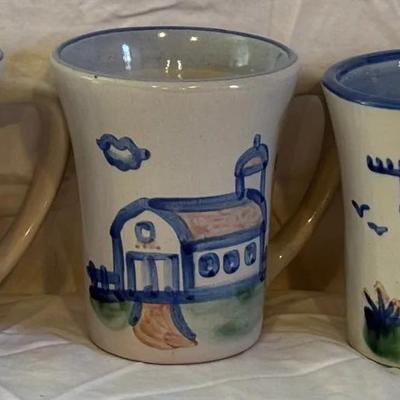 M.A. Hadley Vintage Stoneware Pottery- Farmhouse And Farmer Motif 5” Flared Mugs- Set Of 5