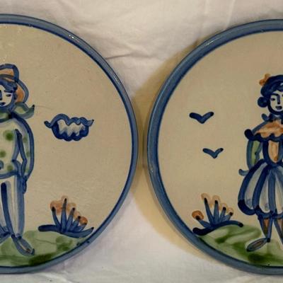 M.A. Hadley Vintage Stoneware Pottery Farmer & Wife Motif Trivets