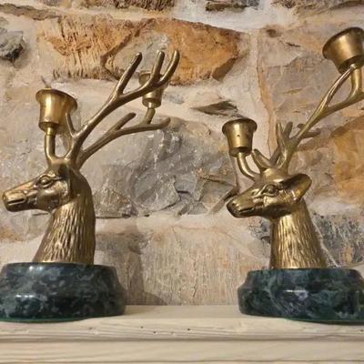 Vintage Brass Deer Candlesticks Marble Base