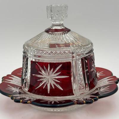 Bohemian Cut To Clear Cranberry Cheese Dish