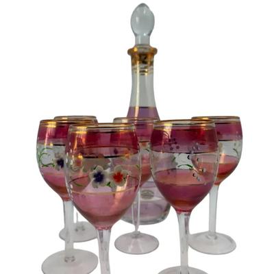 Hand Painted Murano Wine Decanter And 6 Glasses