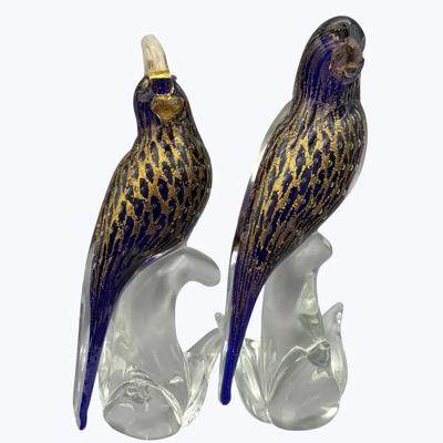Pair Of Murano Cobalt and Gold Parrots -Signed and Numbered