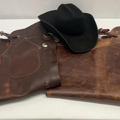 Leather Adult Shotgun Chap and a Black Resistol Cowboy Hat from the Tuff Hedeman Collection