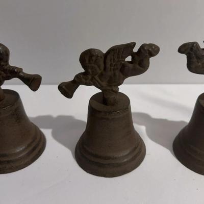 Vintage Cast-Iron Rustic Finish Bells Featuring an Angel/Cherub Blowing a Horn Set of 3