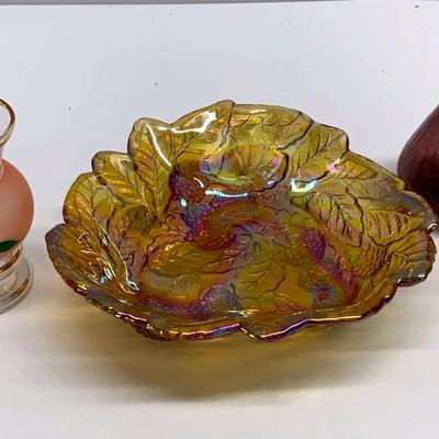 Barlett Collins Vases, Kanawha Purple Crackle Glass  Berries & Leaves Indiana Carnival Glass