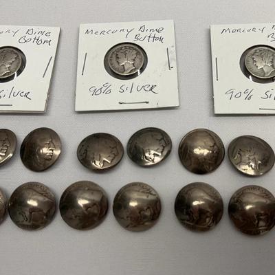 Handmade Silver Mercury Dimes and Buffalo Nickels Buttons  18 Original, Genuine +SB