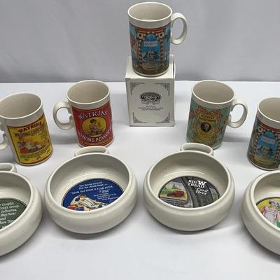 Watkins Soup Bowl Set of 4 and Set of 5 Mugs 1992 Heritage Collection Vintage 1920s Advertisement