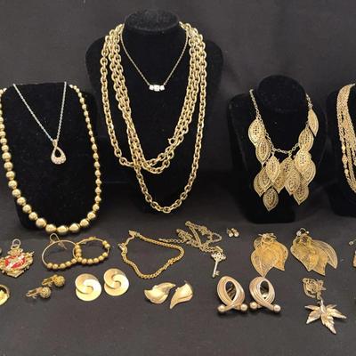 Vintage Gold Costume Jewelry Lot of Necklaces, Earrings, Pendants and Keychain 