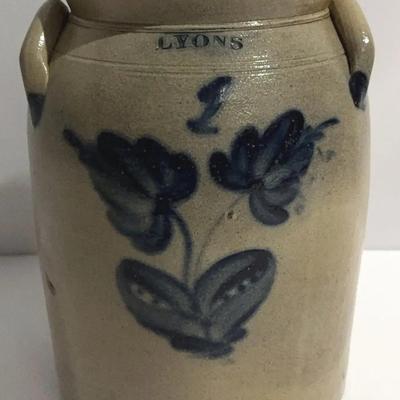 Antique Salt Glazed Stoneware Crock Made by Lyons Pottery, New York Circa 1850s