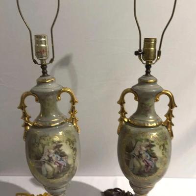 Antique Victorian Fragonard-style Couple Style Porcelain Table Lamps-A Pair