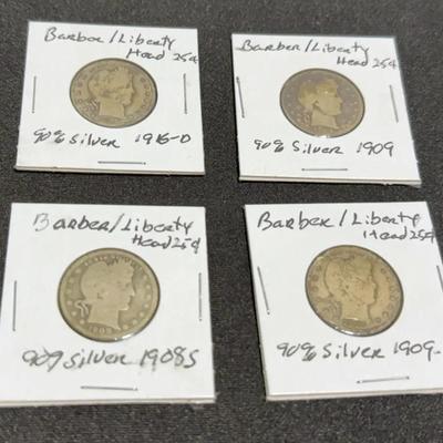Barber/Liberty Head 90% Silver Quarters Four 1908 S, 1909, 1909 D, 1916 D  +SB