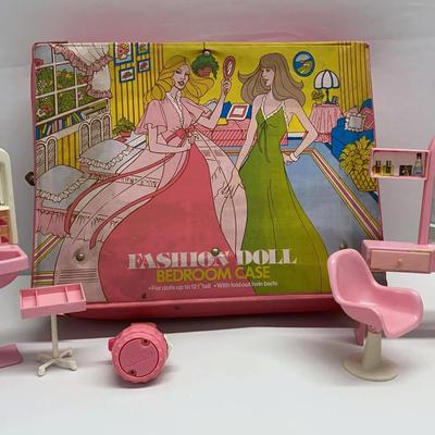 1970s Fashion Doll Bedroom Case with Barbie & Ken Dolls and Vintage Fashion Doll Beauty Salon Set