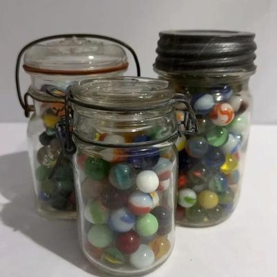 Vintage Marbles Three Old Jars filled with Various Mixed 