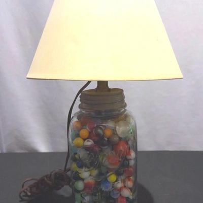 Vintage Repurposed One-Half Gallon Old Dury Square Mason Jar Filled with old Marbles  as a Lamp