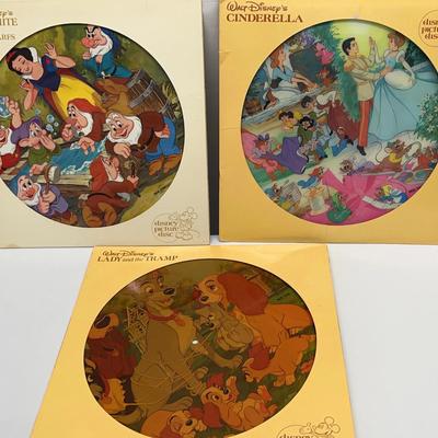 Vintage Walt Disney, Cinderella Snow White , Lady and the LP Vinyl  Records Soundtrack Picture Discs