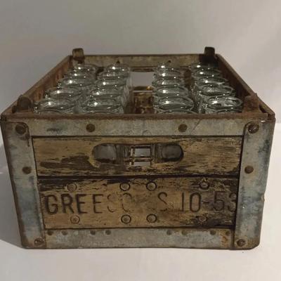 Vintage Farmhouse 1940s-50s Greeson’s Dairy 24 Half Pint Milk Bottles with Wood Crate