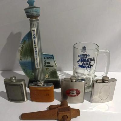 Vintage 1968 Hemisphere Decanter, Hip Flasks, Houston Oiler Glass Mug SEE DESCRIPTION