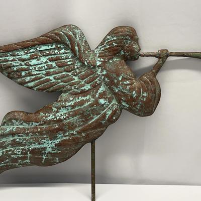 Vintage Possible Antique Copper Angel Weathervane with Natural Blue-Green Patina 31” Long  +