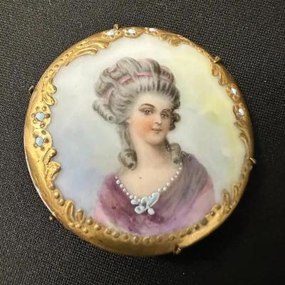 Antique Victorian Edwardian Hand Painted Lady Portrait Porcelain Brooch Pendant Circa 1800s  